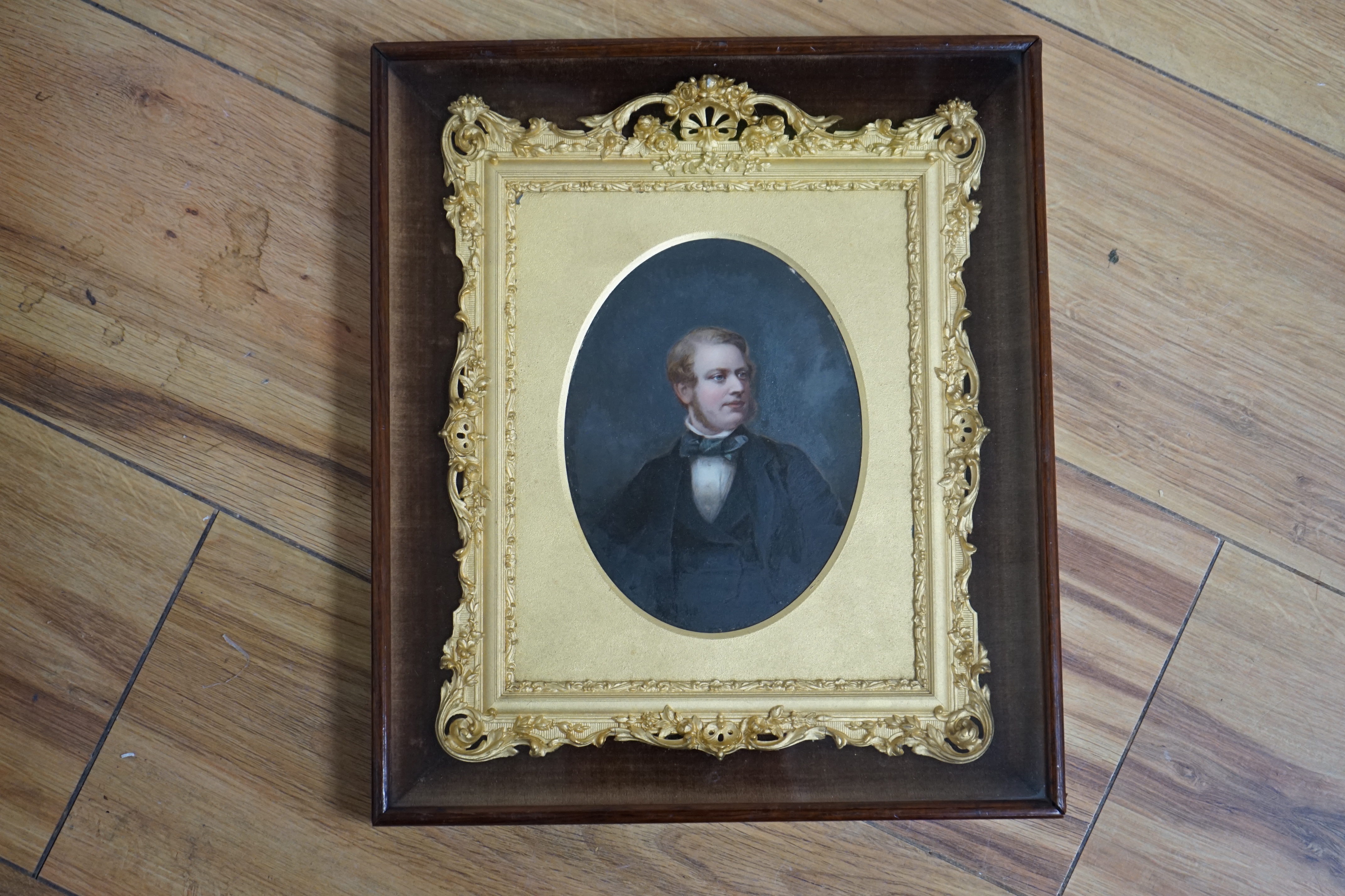 Victorian School, oil on board, Portrait of a gentleman, housed in a gilt display frame, 15 x 11cm
